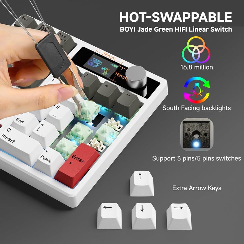 Boyi TD31Pro Mechanical Number Pad,Bluetooth5.0/2.4G/Type-C Wireless Numeric Keypad,RGB HotSwap Numpad with Screen&Knob,PBT Keycaps Rechargeable Gasket Number keypad for Working/Gaming(White-Grey) - Image 4